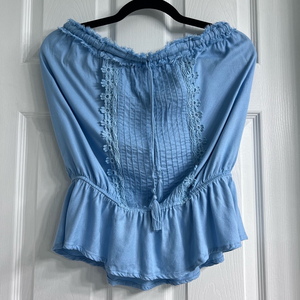 VENUS Blue Flutter Sleeve Smocked Blouse